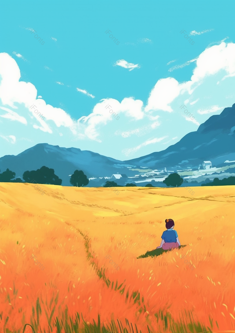 蓝天白云下田地坐姿小女孩芒种节气插画,插画/手绘图,插画/手绘图库,插画/手绘图下载,插画/手绘